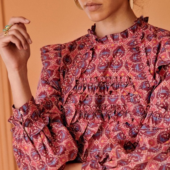 Sezane Tops - NWOT Sézane Paris Emmy Ruffle Blouse in Multicolour/Wine Geo Print Size 38/US 6